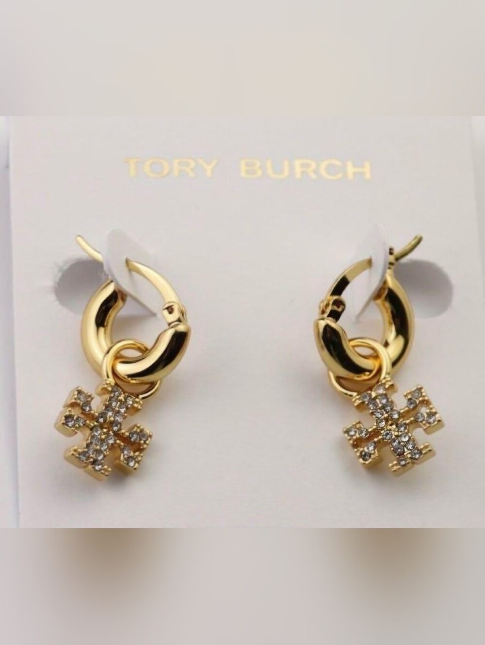 Tory Burch Gold Hoop Earrings with Crystal Logo Drops